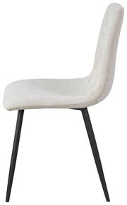 Moderner Stuhl mit hellgrauem Stoffbezug und schwarzen Metallbeinen, Seitenansicht