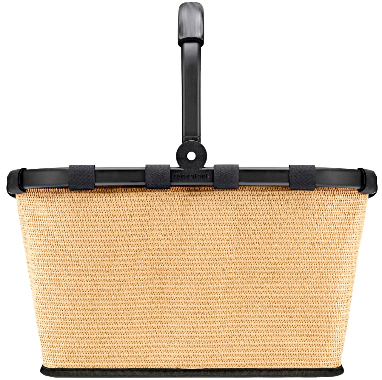 Frontansicht eines kleinen, rechteckigen Korbs mit schwarzem Griff und beigem, gewebtem Material.