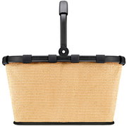 Frontansicht eines kleinen, rechteckigen Korbs mit schwarzem Griff und beigem, gewebtem Material.