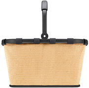 Frontansicht eines kleinen, rechteckigen Korbs mit schwarzem Griff und beigem, gewebtem Material.