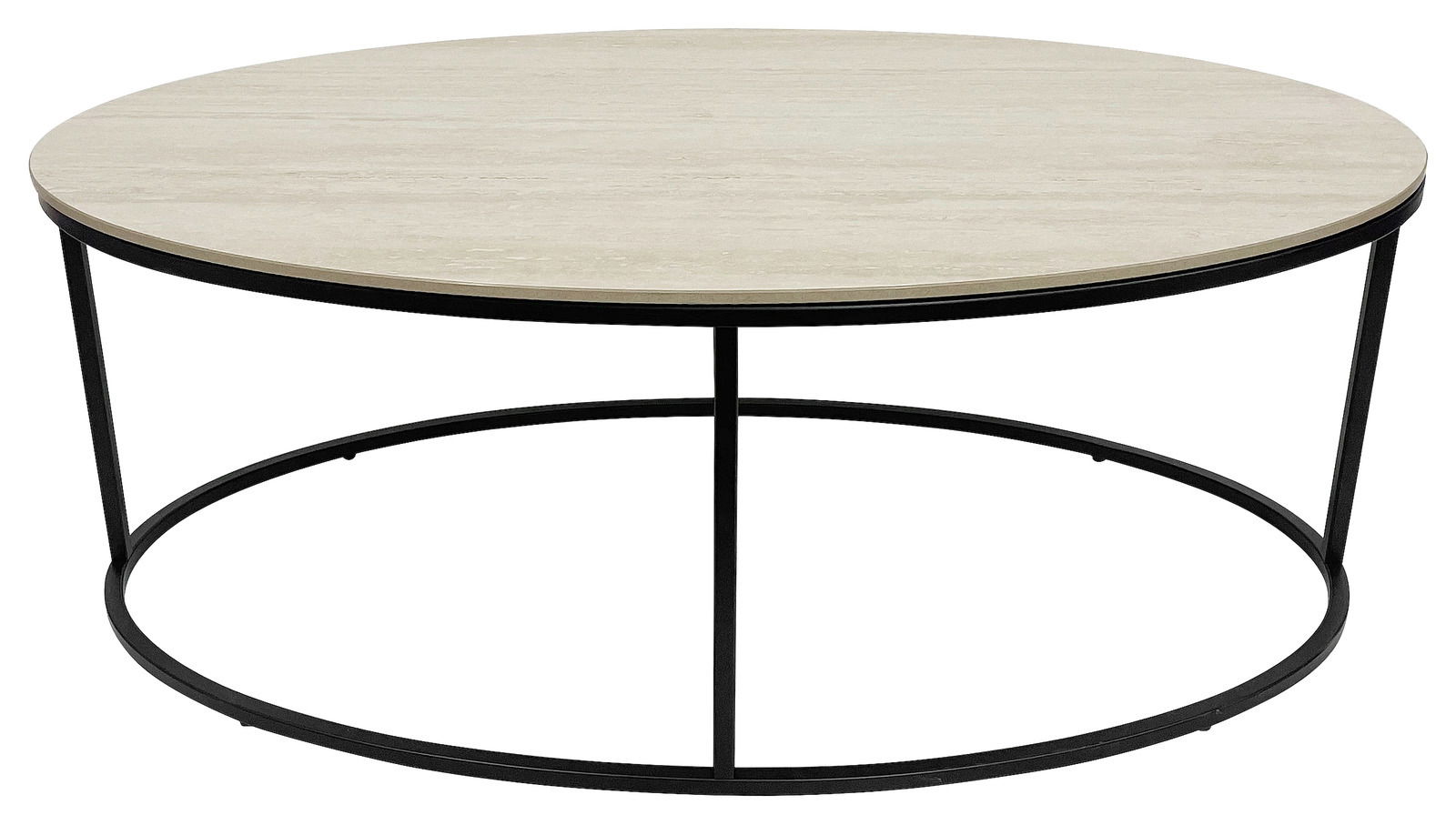 Runder Couchtisch mit heller Tischplatte und schwarzem Metallgestell, frontal betrachtet.