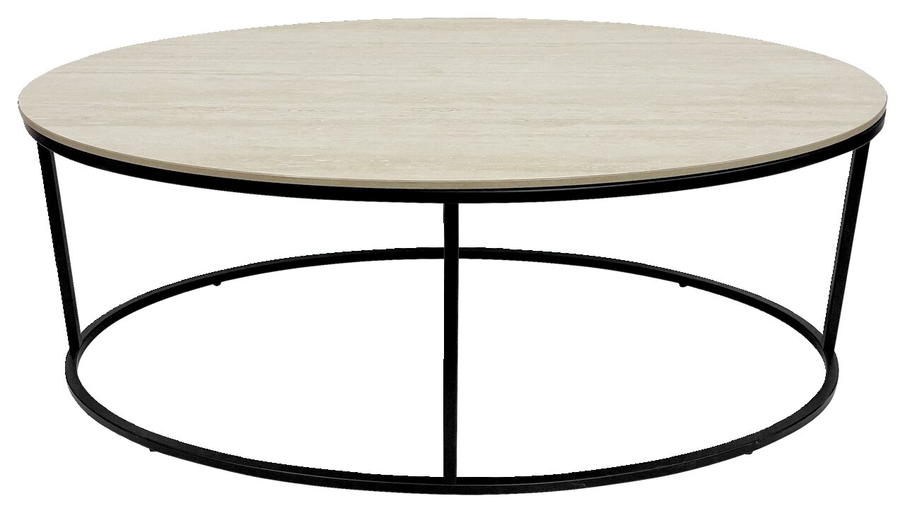Runder Couchtisch mit heller Tischplatte und schwarzem Metallgestell, frontal betrachtet.