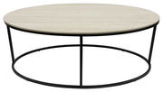 Runder Couchtisch mit heller Tischplatte und schwarzem Metallgestell, frontal betrachtet.