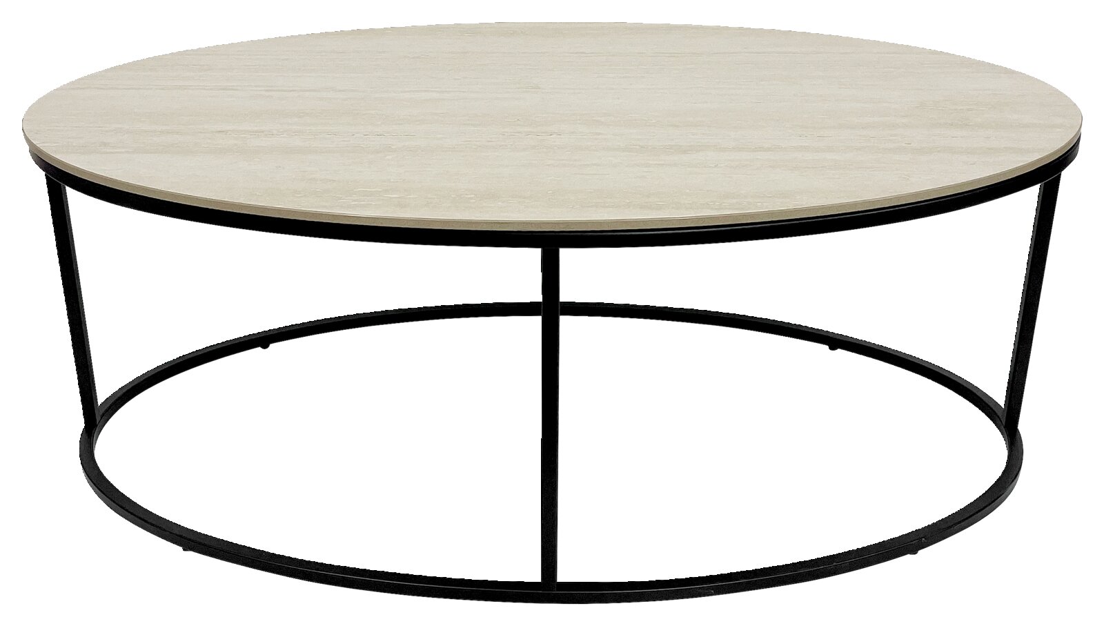 XORA Couchtisch MARINO Runder Couchtisch mit heller Tischplatte und schwarzem Metallgestell, frontal betrachtet.