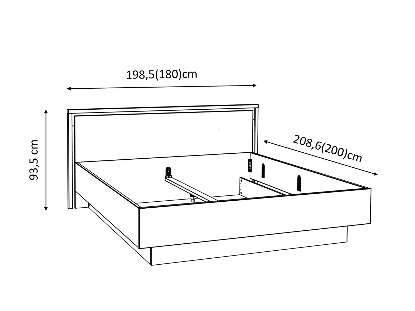 Skizze eines Doppelbetts mit den Maßen 198,5 cm Breite, 208,6 cm Länge und 93,5 cm Höhe, seitliche Perspektive.