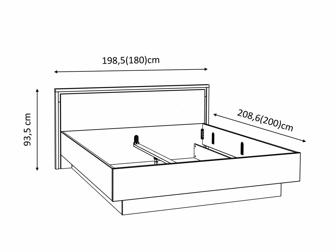 Skizze eines Doppelbetts mit den Maßen 198,5 cm Breite, 208,6 cm Länge und 93,5 cm Höhe, seitliche Perspektive.