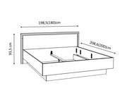 Skizze eines Doppelbetts mit den Maßen 198,5 cm Breite, 208,6 cm Länge und 93,5 cm Höhe, seitliche Perspektive.