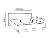 Skizze eines Doppelbetts mit den Maßen 198,5 cm Breite, 208,6 cm Länge und 93,5 cm Höhe, seitliche Perspektive.