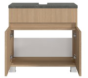 Waschbeckenunterschrank aus Holz mit geöffneter Doppeltür, Frontansicht
