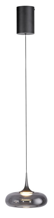 Moderne Pendelleuchte mit schwarzem Baldachin, langem schwarzem Kabel und glänzendem, rauchgrauem Glas-Lampenschirm in Tropfenform, warm leuchtend, Frontansicht freigestellt auf weißem Hintergrund