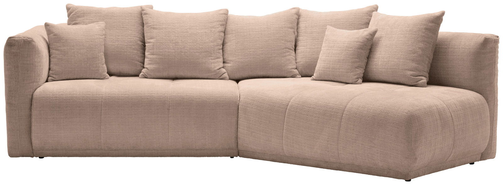 Beige Rundecke Sofa mit mehreren Kissen, Ansicht von vorne