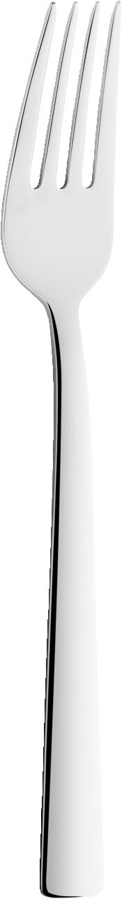 Nahaufnahme einer glänzenden Edelstahlgabel aus dem Besteckset King 68-tlg., frontal abgebildet.