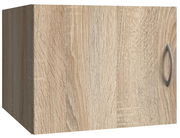 Holzfarbener Schrankaufsatz mit Tür und silbernem Griff, Perspektive von vorne links