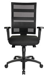 Schwarzer Drehstuhl mit Netzrückenlehne und Armlehnen, Vorderansicht