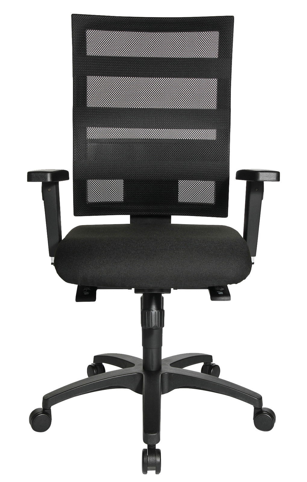 Schwarzer Drehstuhl mit Netzrückenlehne und Armlehnen, Vorderansicht