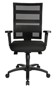 Schwarzer Drehstuhl mit Netzrückenlehne und Armlehnen, Vorderansicht