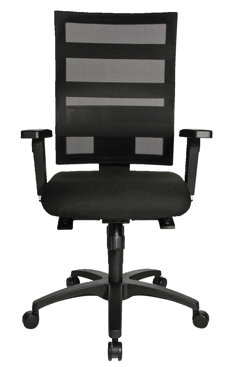 Schwarzer Drehstuhl mit Netzrückenlehne und Armlehnen, Vorderansicht