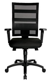 Schwarzer Drehstuhl mit Netzrückenlehne und Armlehnen, Vorderansicht