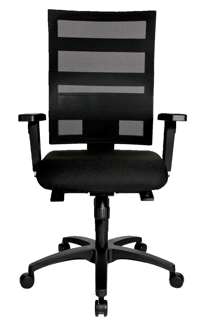 Schwarzer Drehstuhl mit Netzrückenlehne und Armlehnen, Vorderansicht