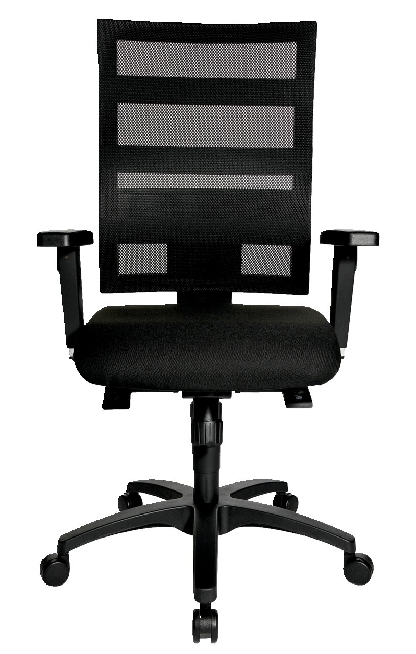 Schwarzer Drehstuhl mit Netzrückenlehne und Armlehnen, Vorderansicht