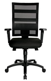 Schwarzer Drehstuhl mit Netzrückenlehne und Armlehnen, Vorderansicht