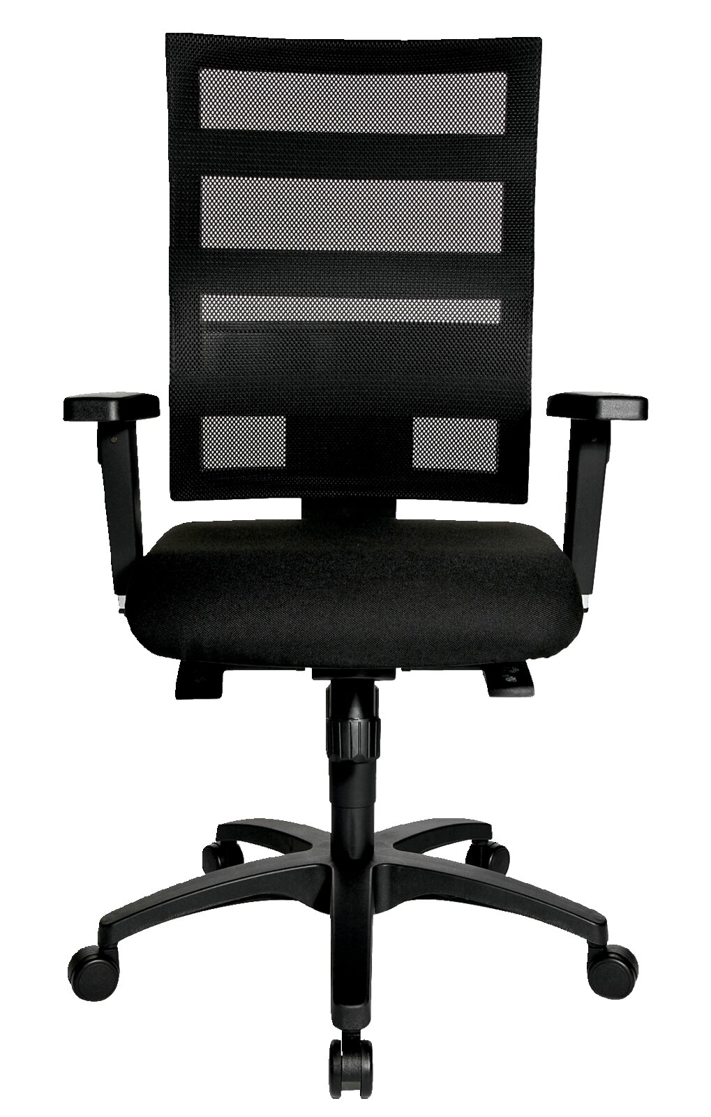 Schwarzer Drehstuhl mit Netzrückenlehne und Armlehnen, Vorderansicht