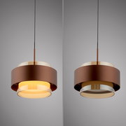 Moderne LED-Hängeleuchte in braunem und goldenem Design, seitliche Perspektive
