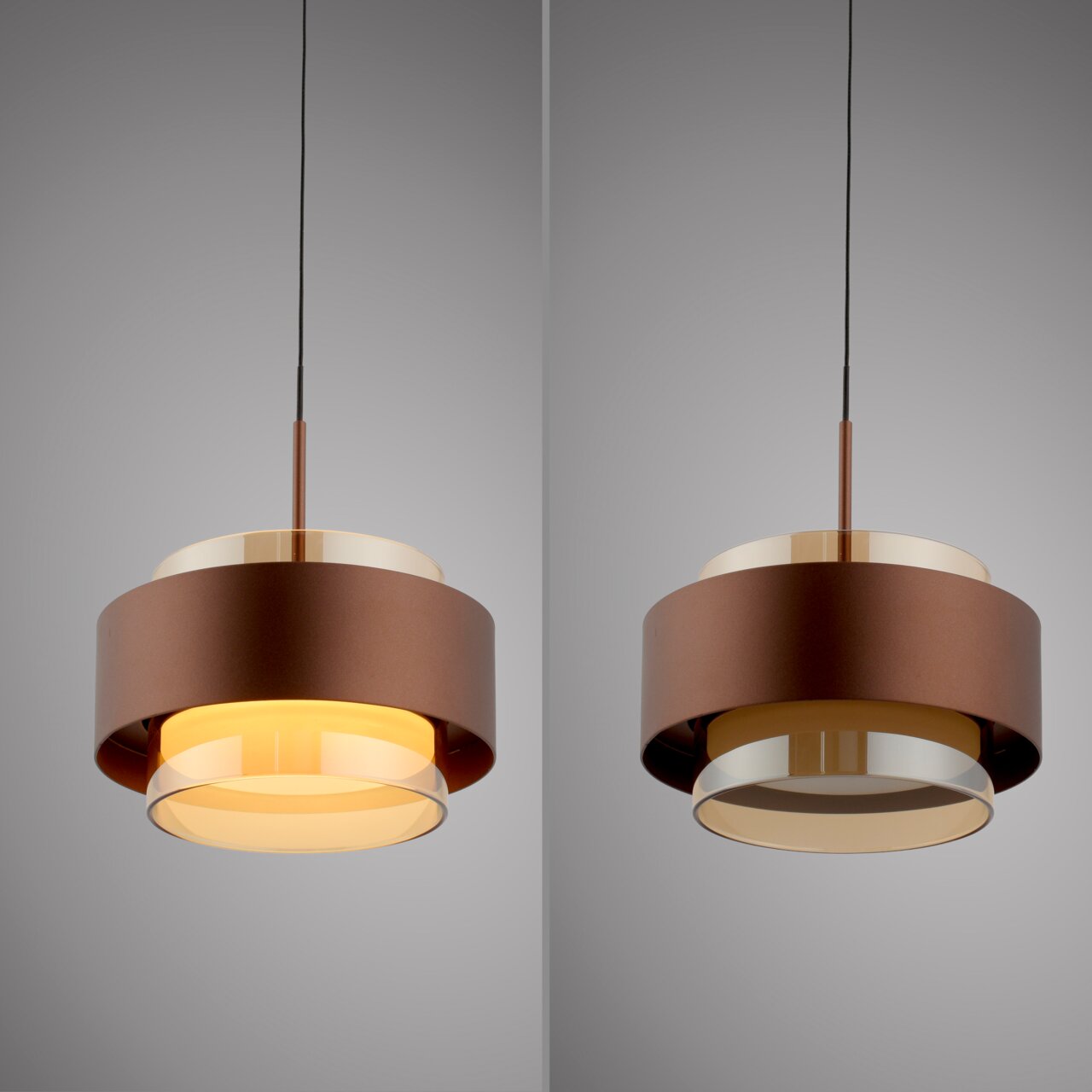 Moderne LED-Hängeleuchte in braunem und goldenem Design, seitliche Perspektive