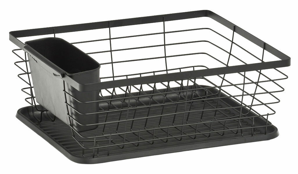 Schwarzer Geschirrabtropfständer aus Metall mit integriertem Besteckhalter, seitliche Perspektive