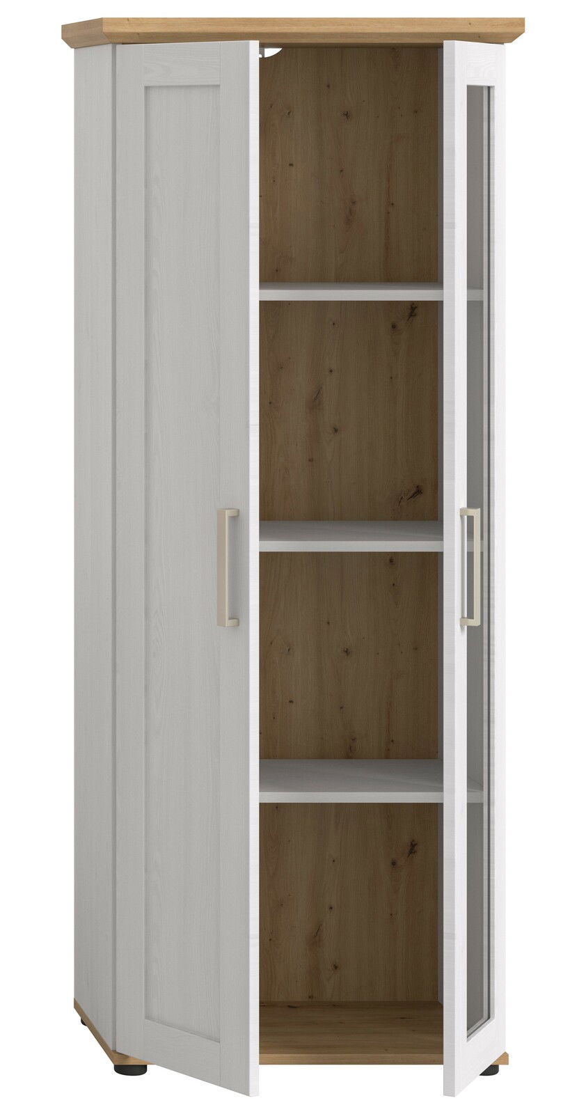 Eckvitrine mit weißem Korpus und Holzelementen, zwei Türen, eine mit Glaseinsatz, aus der Perspektive leicht von vorne betrachtet.