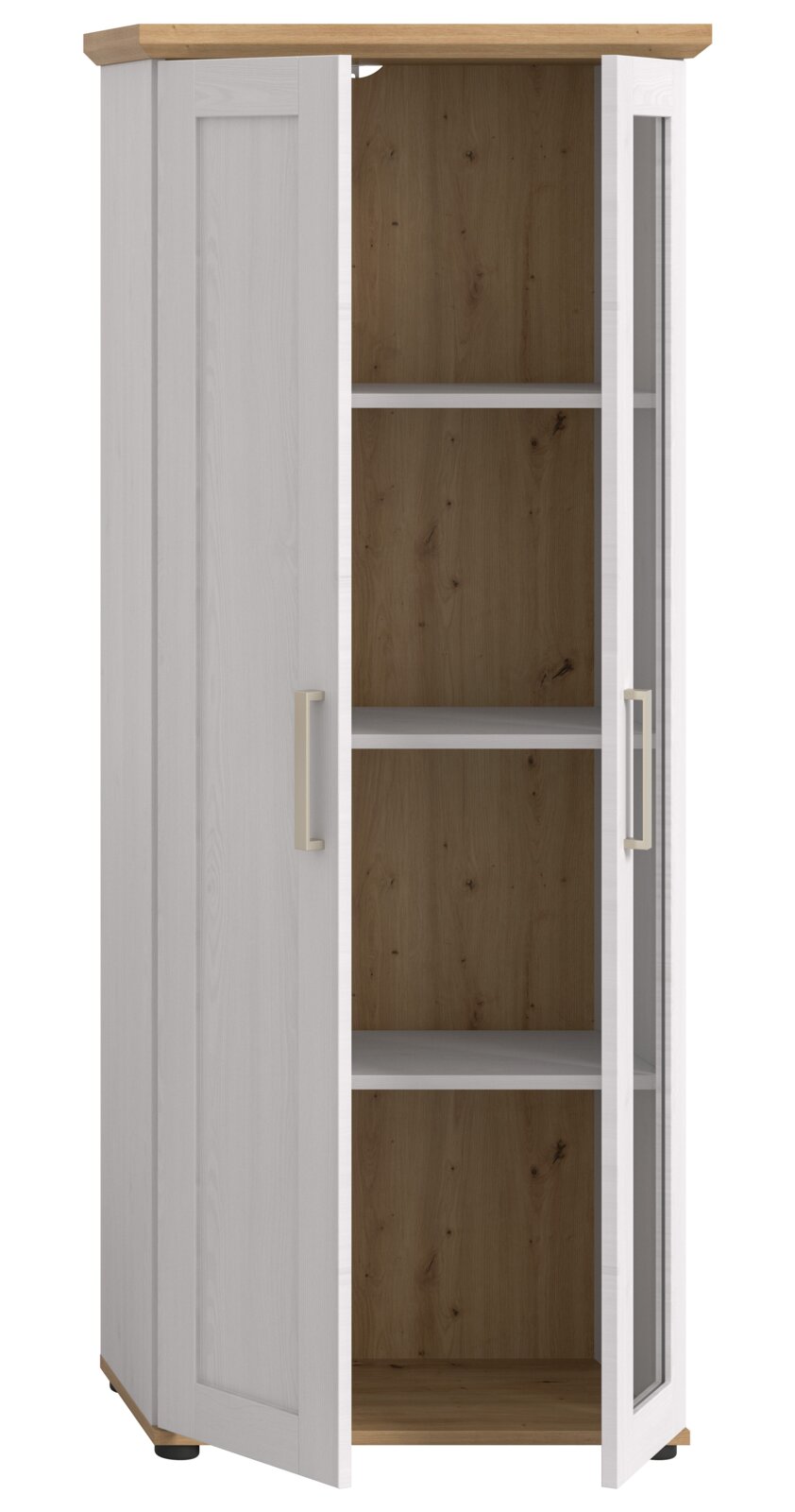 Eckvitrine mit weißem Korpus und Holzelementen, zwei Türen, eine mit Glaseinsatz, aus der Perspektive leicht von vorne betrachtet.