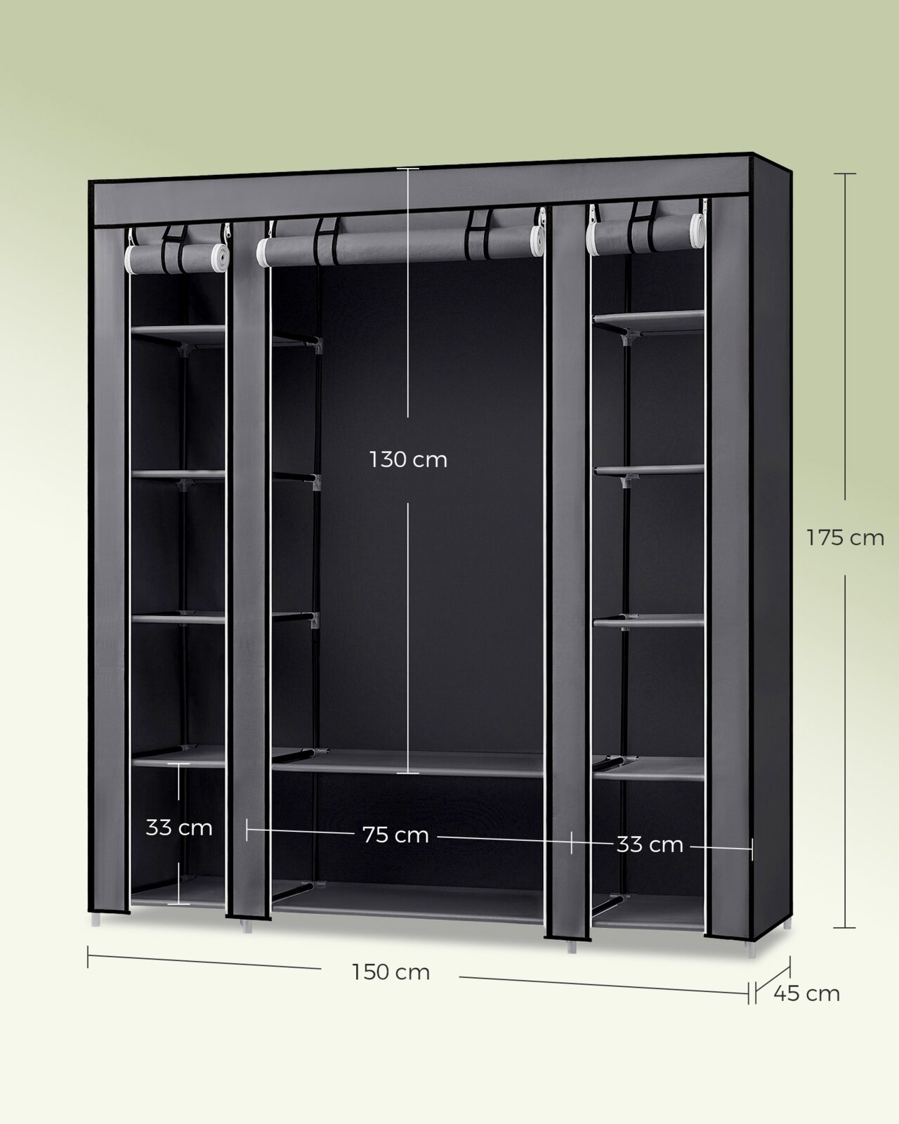 Schwarzer Stoff-Kleiderschrank mit Reißverschluss, Kleiderstange und seitlichen Ablagefächern, Maße ca. 150 x 45 x 175 cm, Ansicht von vorne in leichter Schrägperspektive.