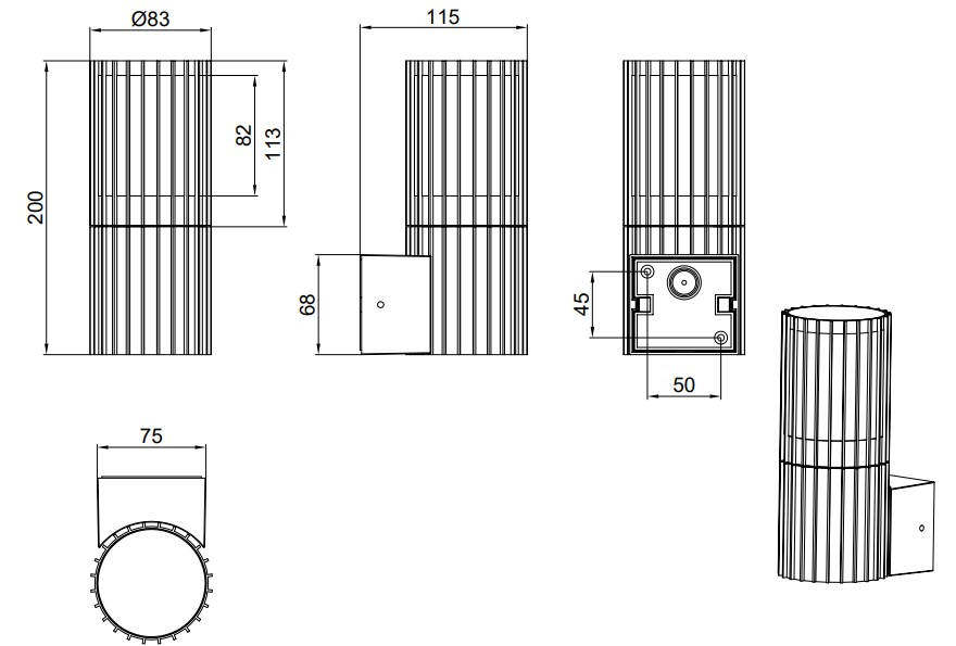 Technische Zeichnung einer zylindrischen Außenwandleuchte mit verschiedenen Ansichten und Maßen. Perspektive von vorne, seitlich und von unten.