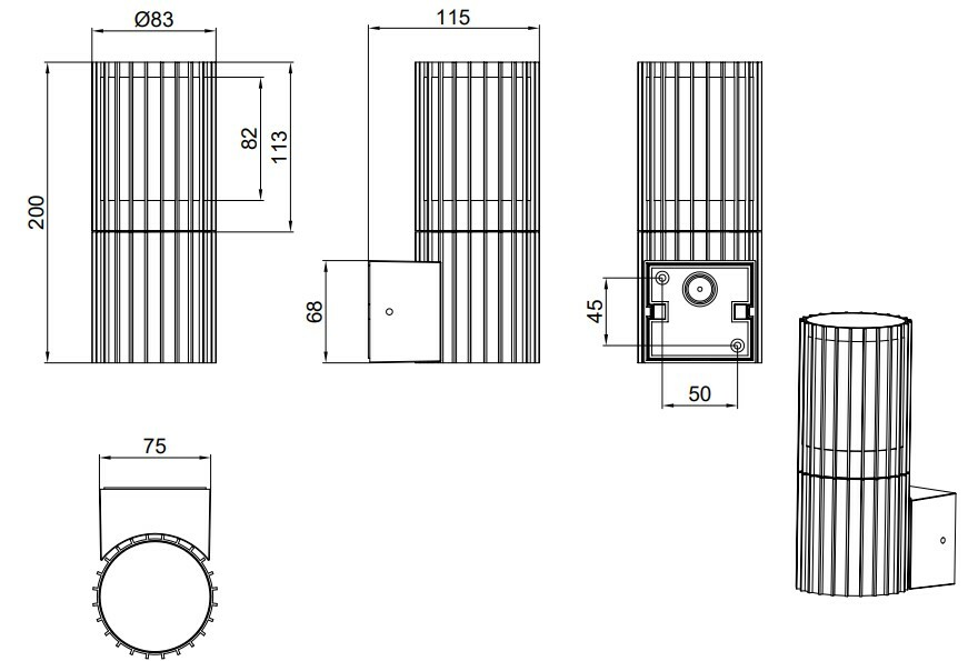 Technische Zeichnung einer zylindrischen Außenwandleuchte mit verschiedenen Ansichten und Maßen. Perspektive von vorne, seitlich und von unten.