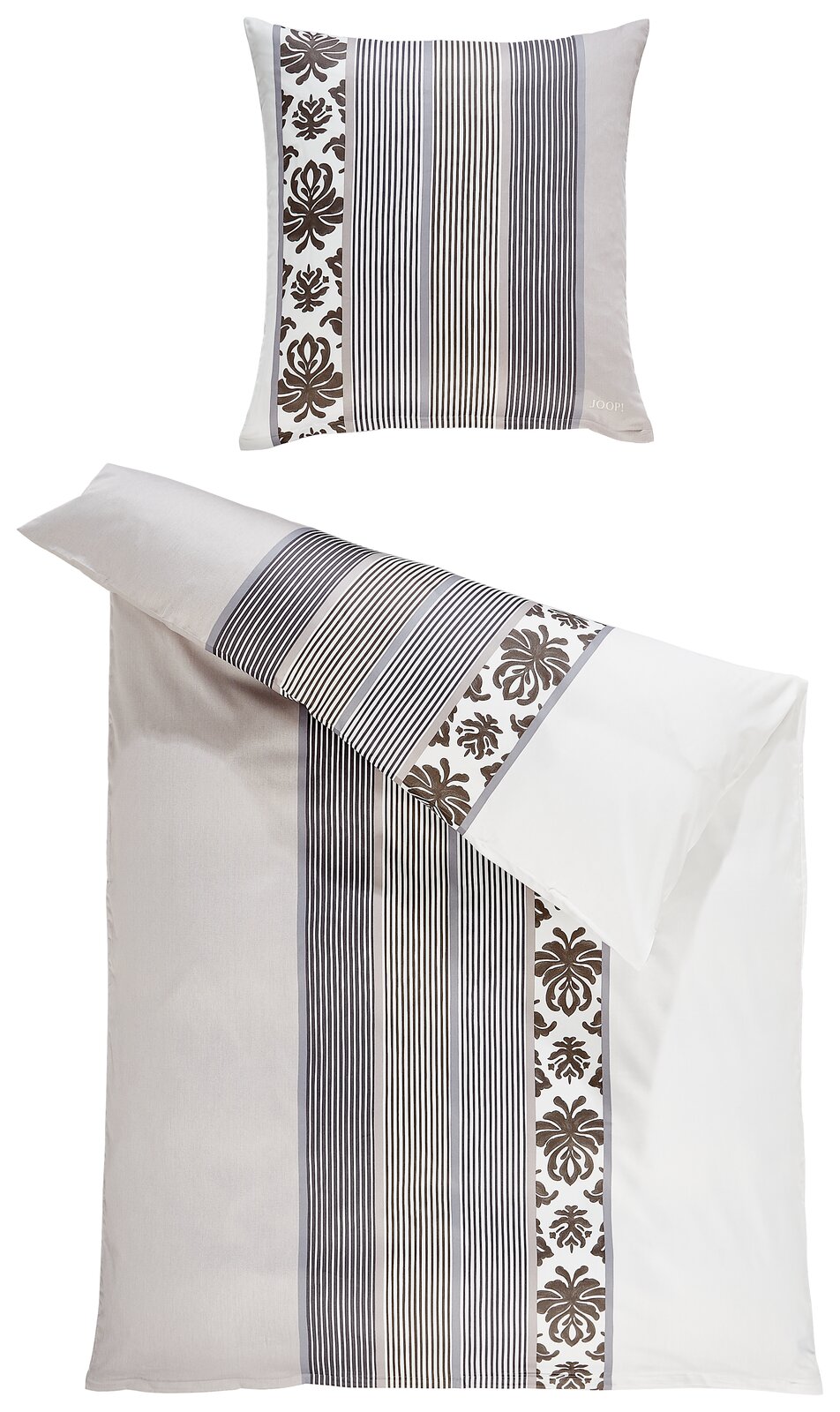 Bettwäsche-Set mit gestreiftem und floralem Muster, bestehend aus einem Kissenbezug und einem Bettdeckenbezug, aus der Vogelperspektive fotografiert.