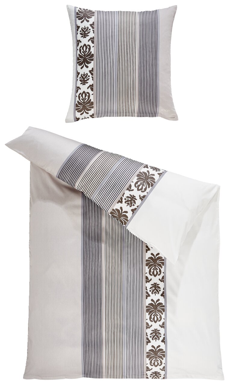 JOOP! Beddengoed 135x200 cm ORNAMENT STRIPE EX Bettwäsche-Set mit gestreiftem und floralem Muster, bestehend aus einem Kissenbezug und einem Bettdeckenbezug, aus der Vogelperspektive fotografiert.