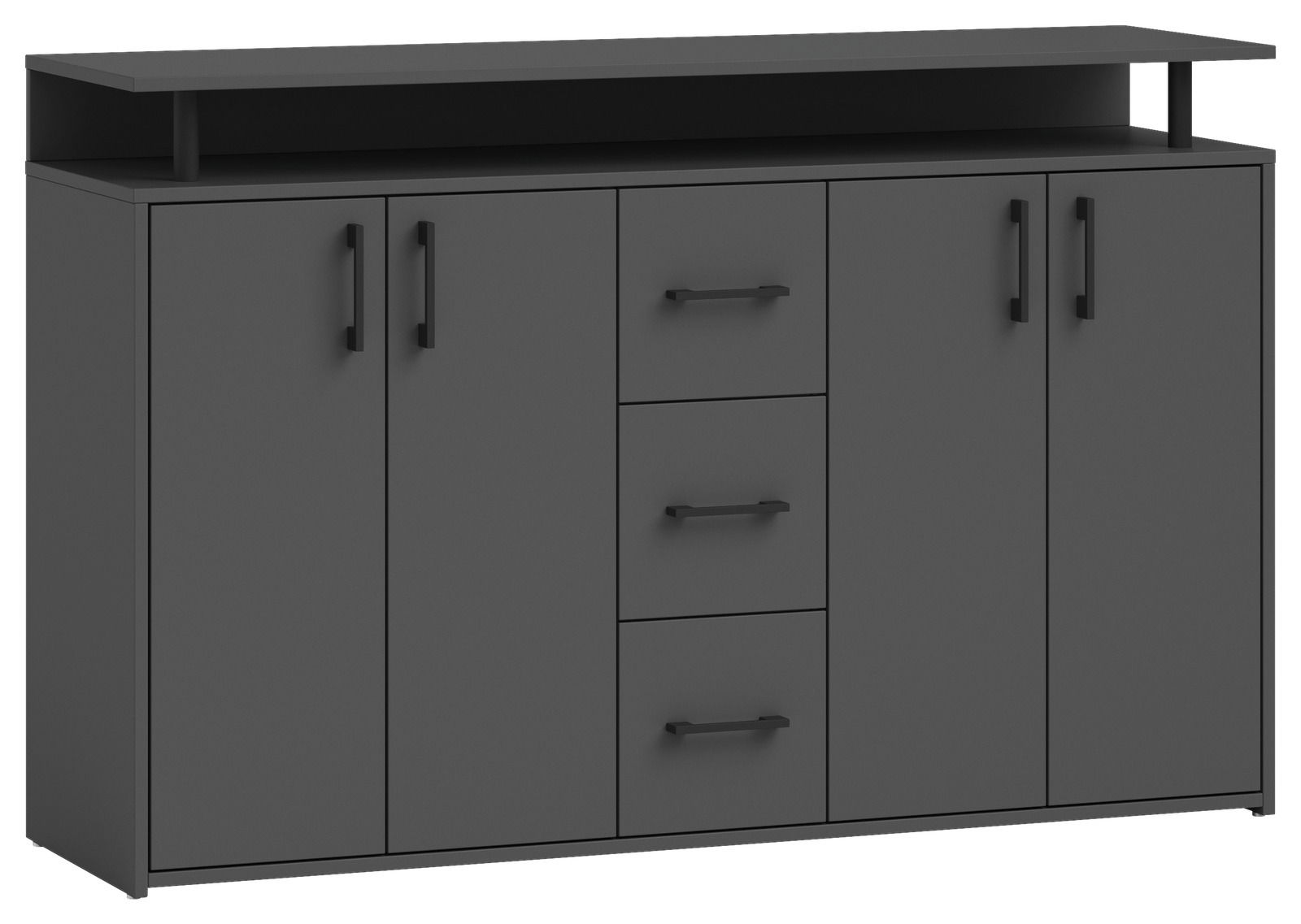 Carryhome Dressoir DRIFT Modernes Sideboard in dunklem Grau mit vier Türen und drei Schubladen, frontal abgebildet.