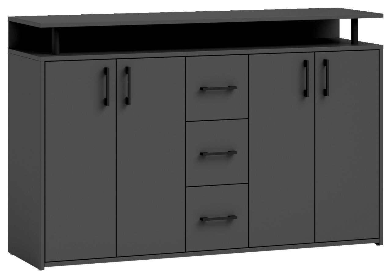 Modernes Sideboard in dunklem Grau mit vier Türen und drei Schubladen, frontal abgebildet.