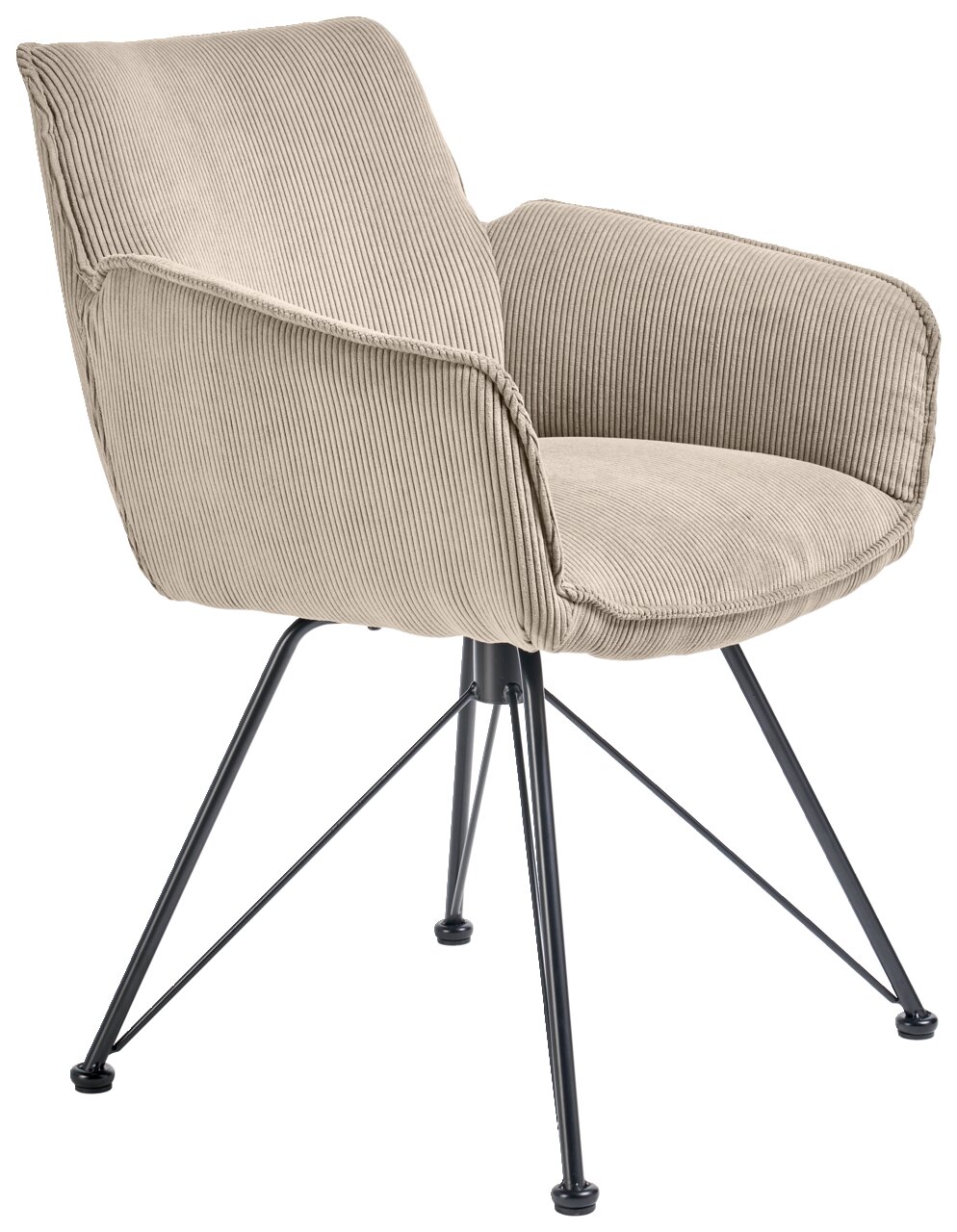 Beiger Armlehnstuhl mit geripptem Stoffbezug und schwarzen Metallbeinen, seitliche Perspektive
