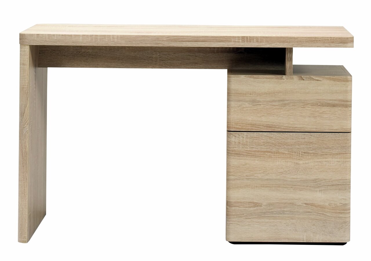 Moderner Schreibtisch aus hellem Holz mit Schubladen, seitliche Perspektive