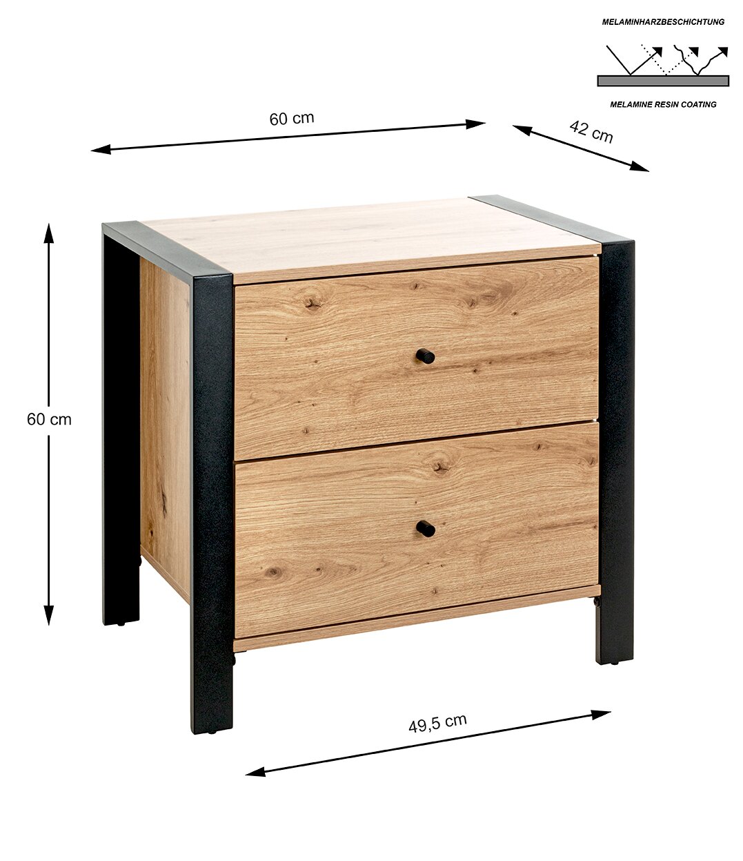 Nachttisch/Beistellkommode in Holzoptik mit zwei Schubladen und schwarzem Rahmen, Melaminharzbeschichtung, Maße ca. 60 x 42 x 60 cm (B x T x H), schräg von vorn links fotografiert.