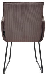 Rückansicht eines Armlehnstuhls mit gestreiftem Stoffbezug und schwarzen Metallbeinen.