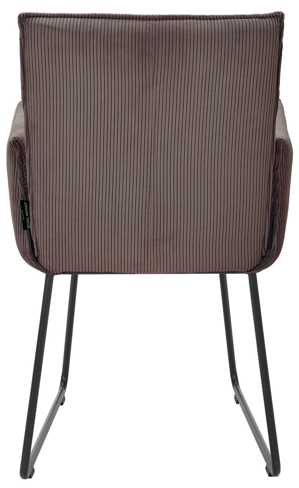 Rückansicht eines Armlehnstuhls mit gestreiftem Stoffbezug und schwarzen Metallbeinen.