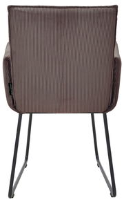 Rückansicht eines Armlehnstuhls mit gestreiftem Stoffbezug und schwarzen Metallbeinen.