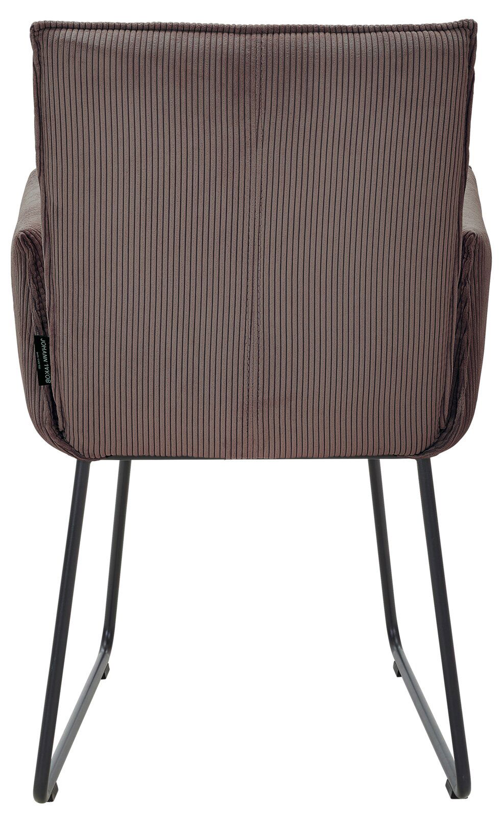 Johann Jakob Armlehnstuhl CALAS Rückansicht eines Armlehnstuhls mit gestreiftem Stoffbezug und schwarzen Metallbeinen.