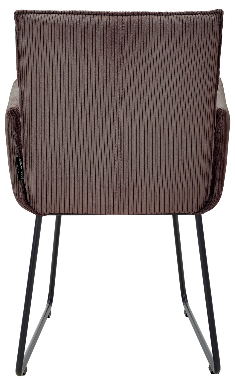 Rückansicht eines Armlehnstuhls mit gestreiftem Stoffbezug und schwarzen Metallbeinen.