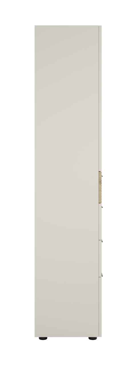 Seitenansicht eines hohen, schmalen Aktenschranks mit Schubladen in neutraler Farbe.