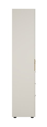 Seitenansicht eines hohen, schmalen Aktenschranks mit Schubladen in neutraler Farbe.
