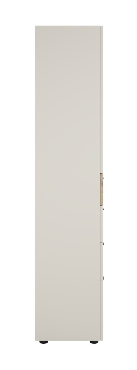 Seitenansicht eines hohen, schmalen Aktenschranks mit Schubladen in neutraler Farbe.