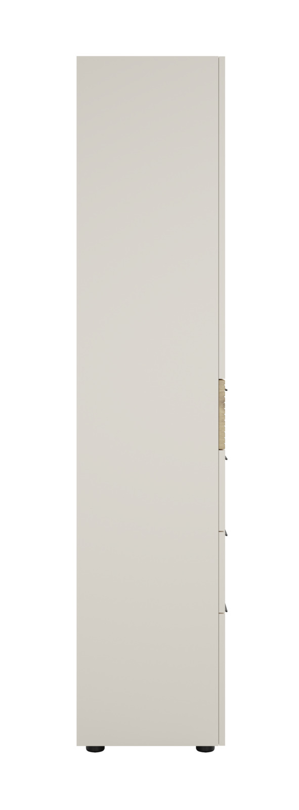 Seitenansicht eines hohen, schmalen Aktenschranks mit Schubladen in neutraler Farbe.